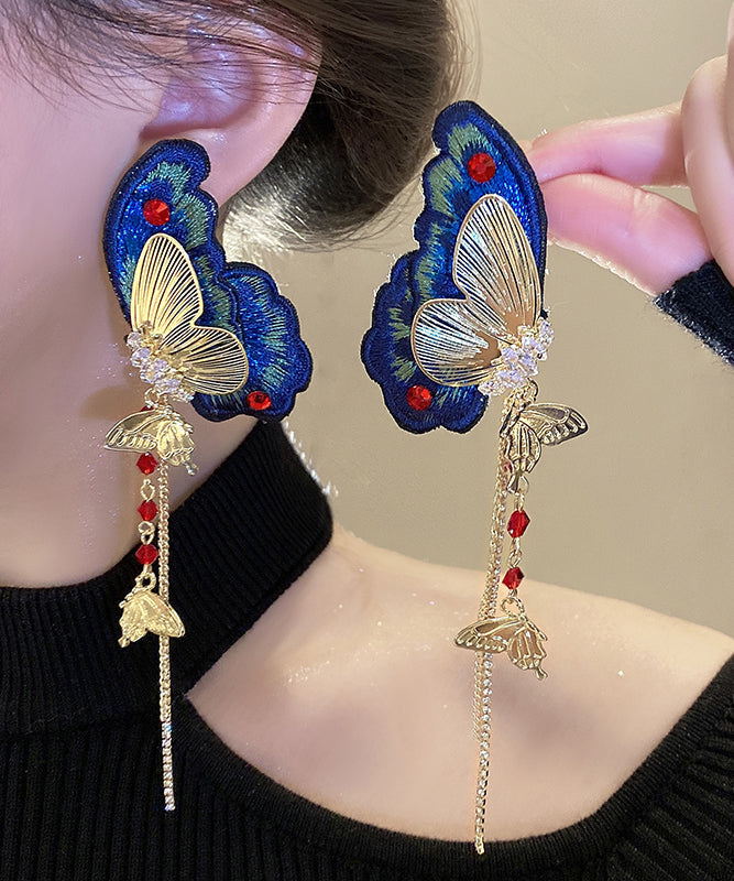 Boucles d'oreilles pendantes rétro en argent sterling bleu, alliage de zircon, tissu brodé de papillons et pompons - Amawinc