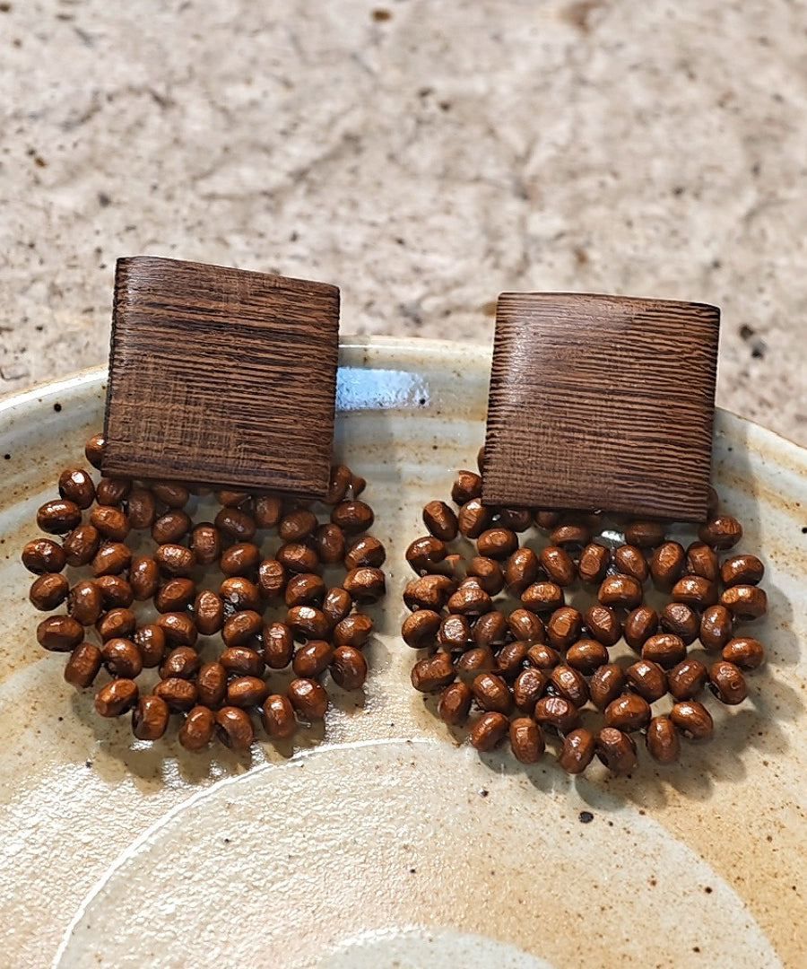 Boucles d'oreilles à tige en bois tressé style rétro chocolat - Amawinc