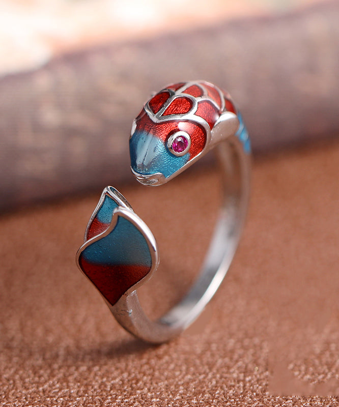 Bagues carpe ouvertes en argent sterling cloisonné à blocs de couleur rétro - Amawinc