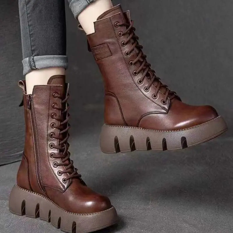 Bottes Hautes Style Rétro Pour Femmes Cuir Verni Semelle Robuste Talons Bas 1 À 3 Cm
