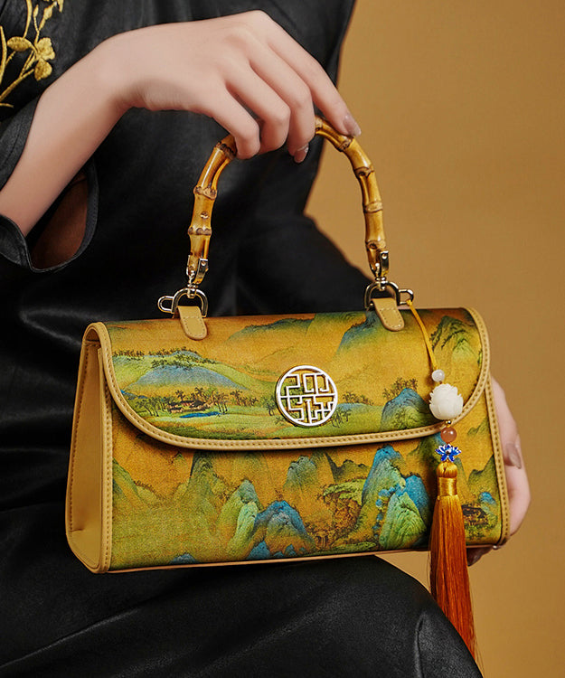Sac fourre-tout en soie à imprimé jaune rétro décoré de pompons - Amawinc