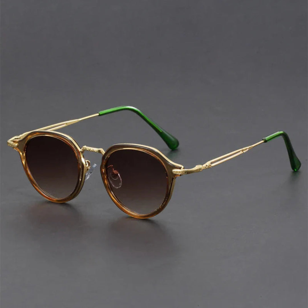 Lunettes de Soleil Rondes Rétro en Métal Texturé avec Branches Contrastées UV400 Légères