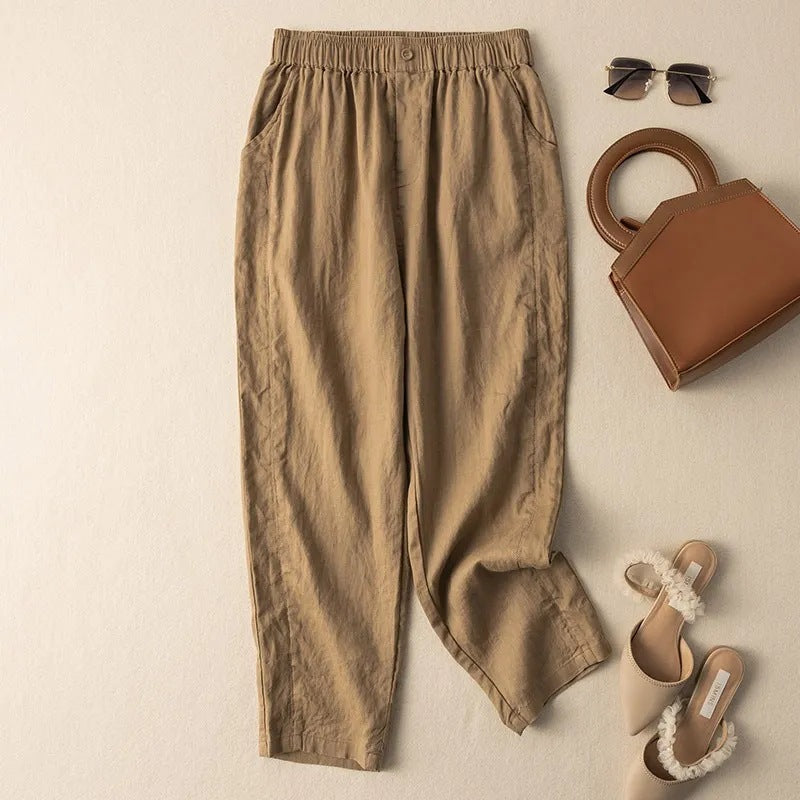 Rhea Pantalon Lin Mélangé À Jambe Fuselée Avec Drape Décontracté Et Ceinture Élastique À Bouton Discret