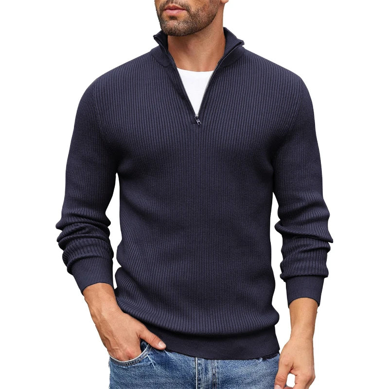 Pull Homme En Maille Côtelée Col Zip Demi Slim Fit Chaud Et Polyvalent Amawinc Quotidien