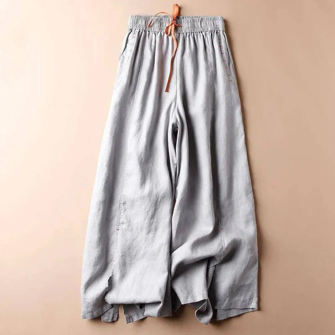 Pantalon Large En Lin À Cordon Avec Taille Élastique Et Détail Latéral Couture Décontracté Raffiné