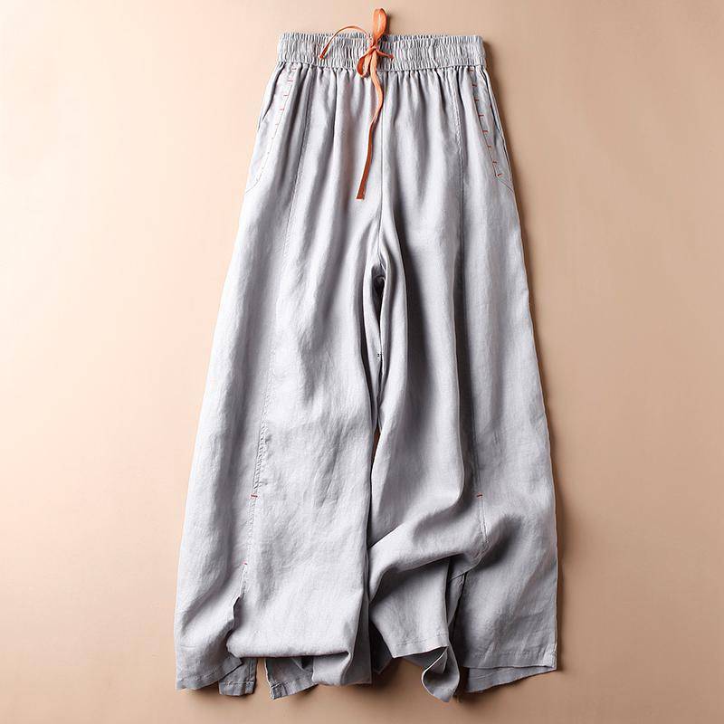 Rica Pantalon En Lin Décontracté Avec Détails Artisanaux Poches Brodées Et Ceinture Élastique