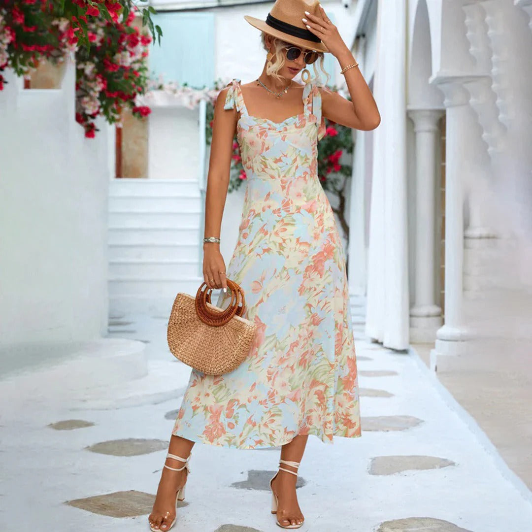Robe Midi Femme à Motif Floral Encolure en Cœur Bretelles à Nouer Légère et Respirante
