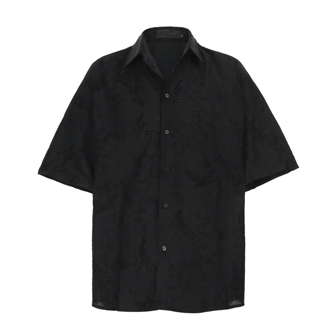 Chemise Jacquard Trace Stone Patinée En Coton Rayon Et Lin Col Revers Bouton Coupe Décontractée