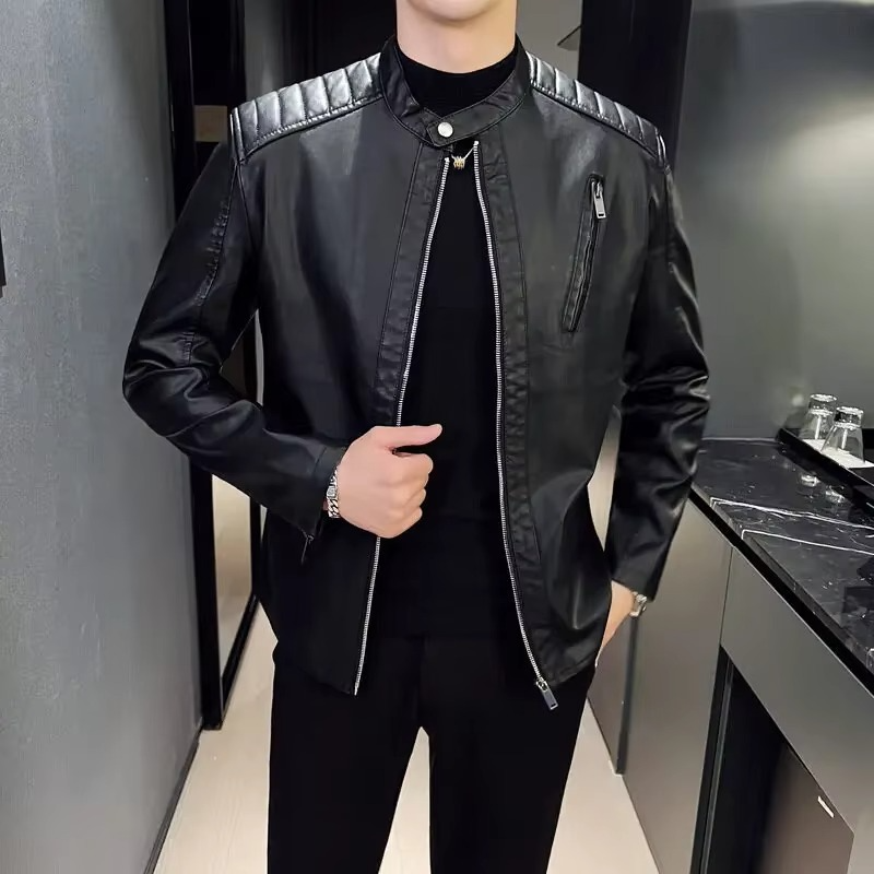 Veste Moto En Cuir PU Pour Homme Zip Col Debout Amawinc Pour Printemps Automne Et Ville