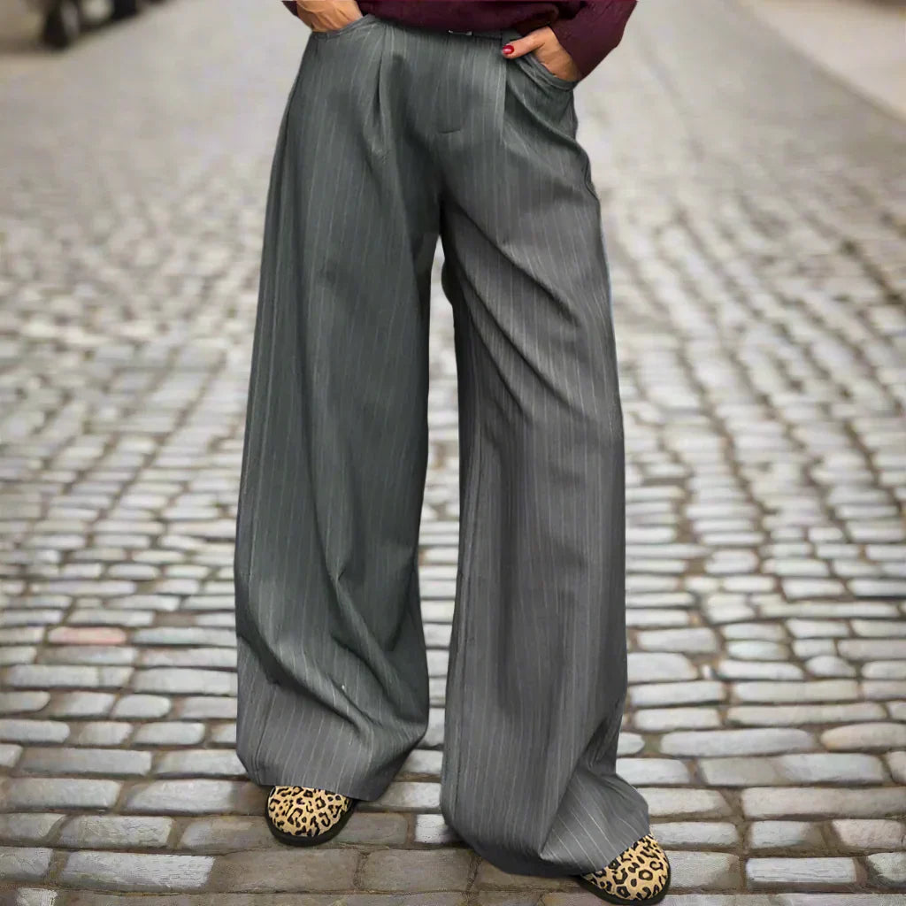 Pantalon Femme Taille Haute Évasé Rayé Élégant Et Confortable Pour Journée Et Soirée