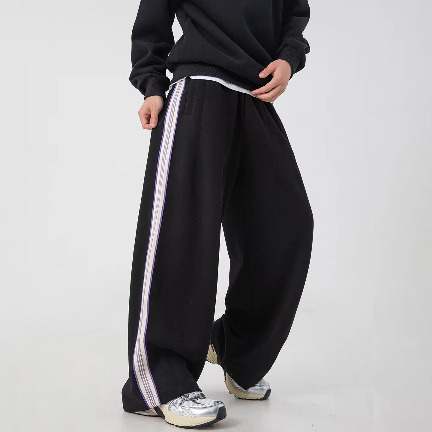 Pantalon De Survêtement Automne Hiver Avec Design Couture Coupe Ample Taille Élastique Bande Latérale Athlétique Amawinc