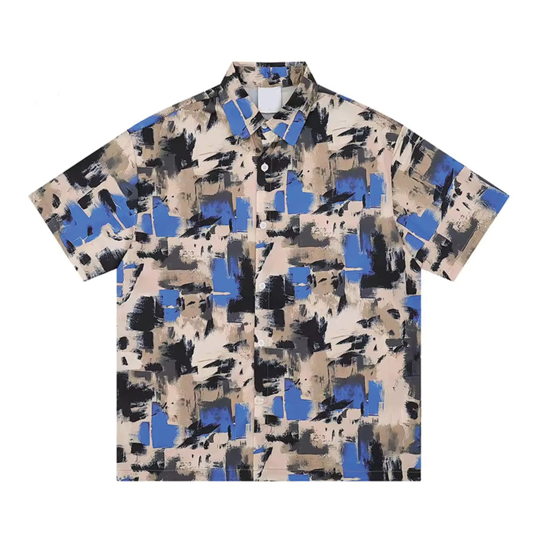 Chemise Boutonnée Imprimée Abstraite Camp Col en Coton et Polyester Respirante Confortable