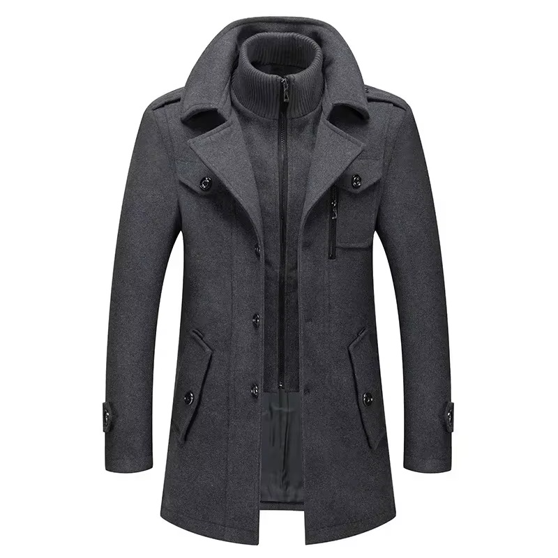 Manteau Trench Homme Mi Long En Laine Mélangée Avec Col Double Et Fermeture Éclair Sous Patte Pour Automne Hiver