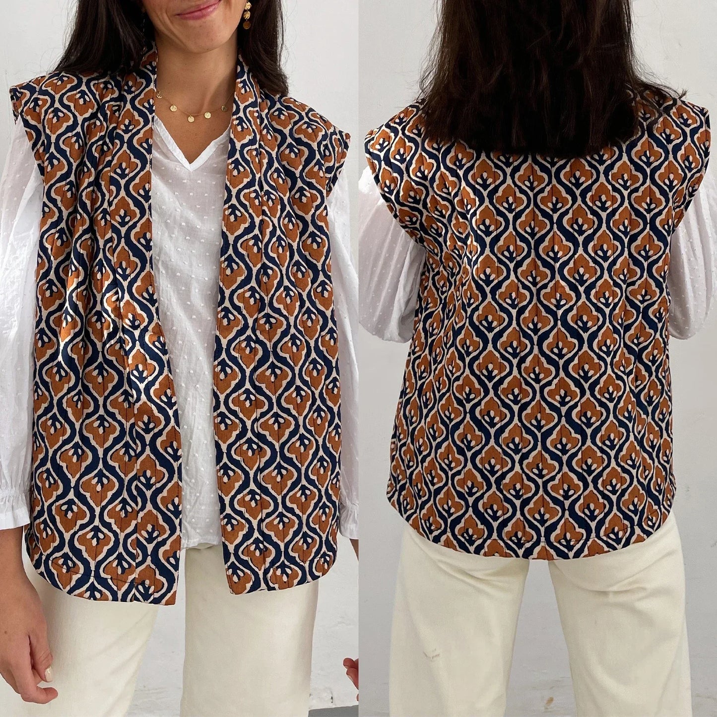 Gilet Sans Manches Imprimé Carreaux Et Fleurs Cousu À La Main Doublure Légère Pour Une Silhouette Raffinée
