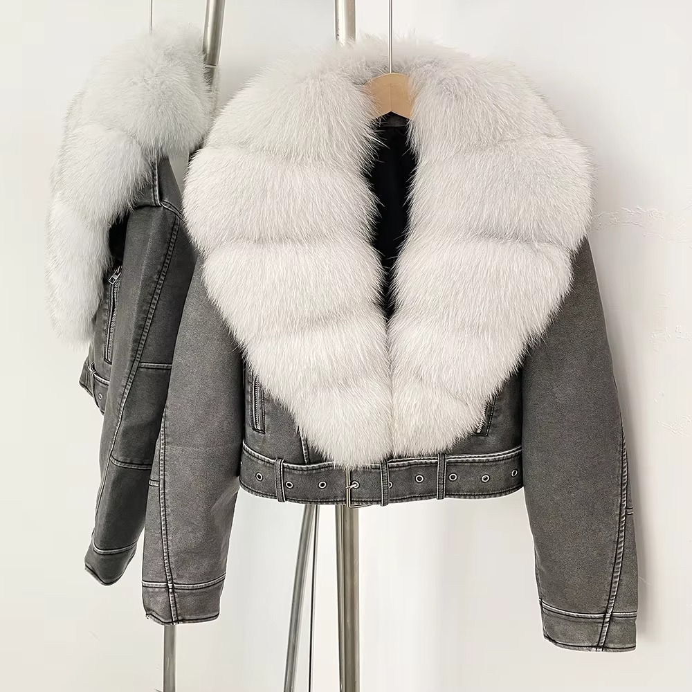 Manteau Femme en Cuir Synthétique avec Col en Fourrure Fausse Élégante Chaleur pour la Saison Froide