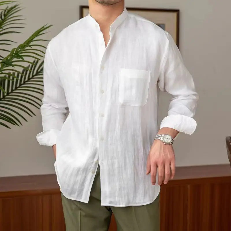 Chemise Homme En Lin Col Mandarin Coupe Décontractée Manches Longues Boutons Amawinc