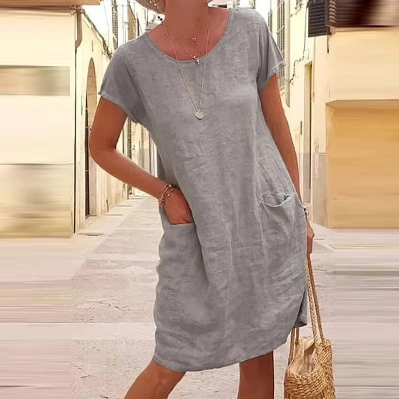 Robe Décontractée Pour Femme À Poches Couleur Unie Manches Courtes Été Style Sans Effort