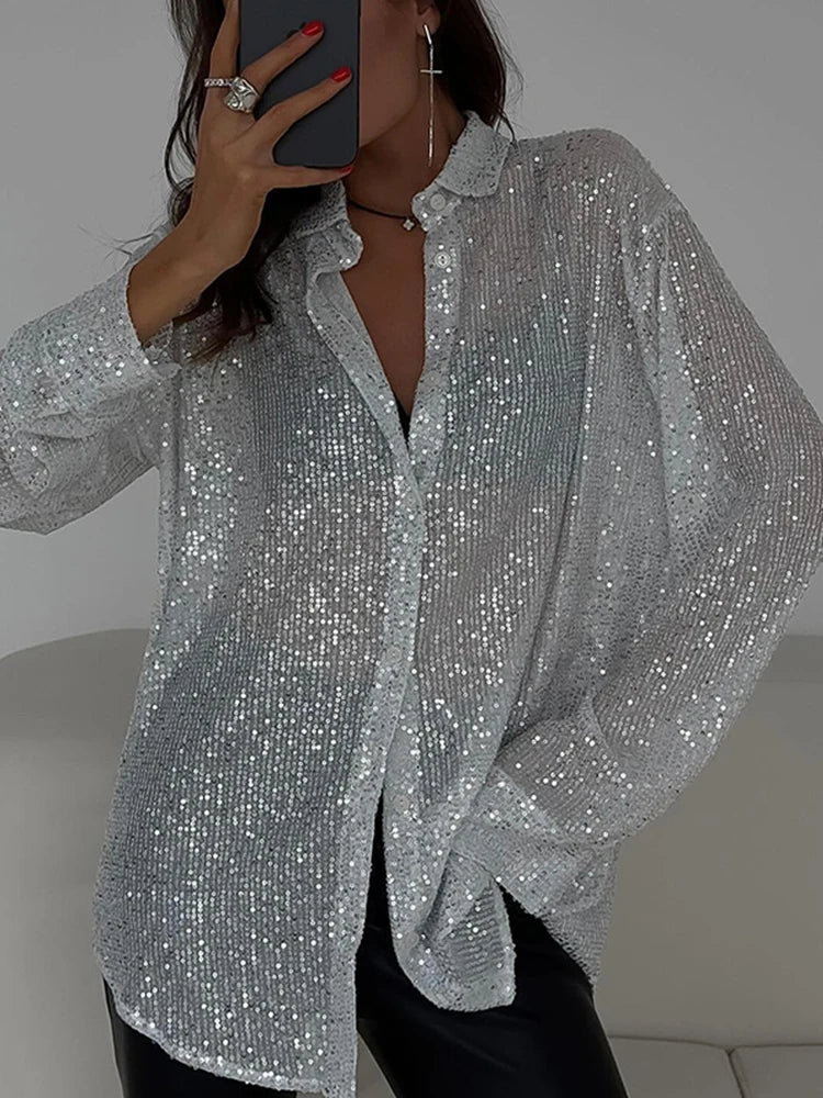 Chemise Femme À Paillettes Manches Longues Coupe Décontractée Boutonnage Avant Style Fête