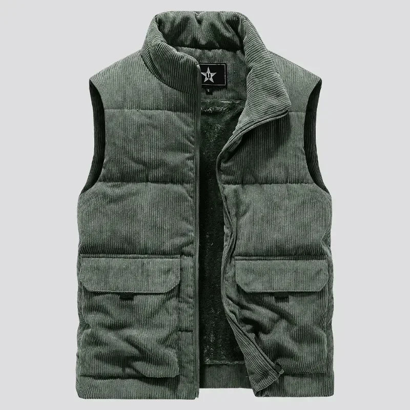 Gilet Velours Côtelé à Côtes Doublé Sherpa Confort Chaud Col Debout Poches Cargo Couleur Unie