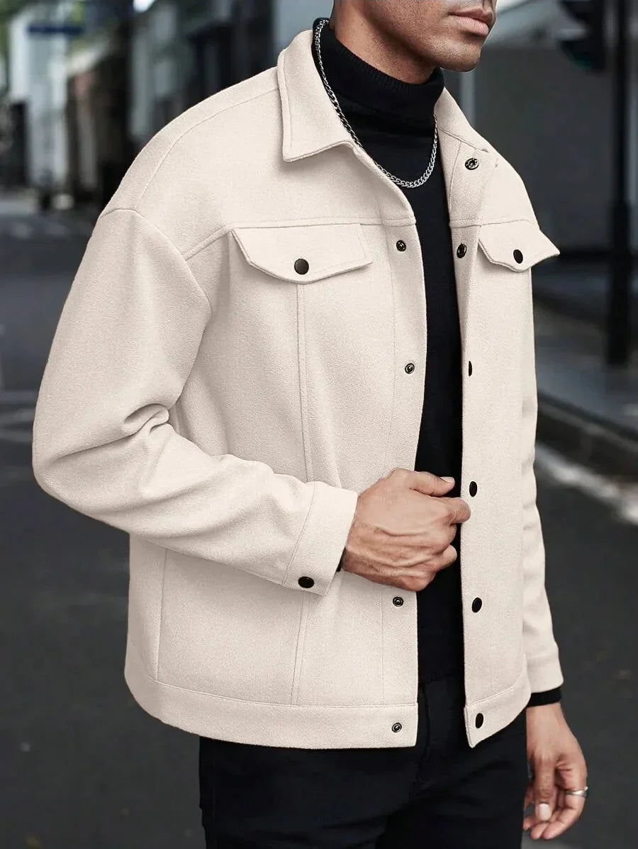 Veste Homme Mélange Laine Liam Col Montant Poches Rabat Devant Coupe Ajustée Pour Automne Hiver Élégante Et Polyvalente
