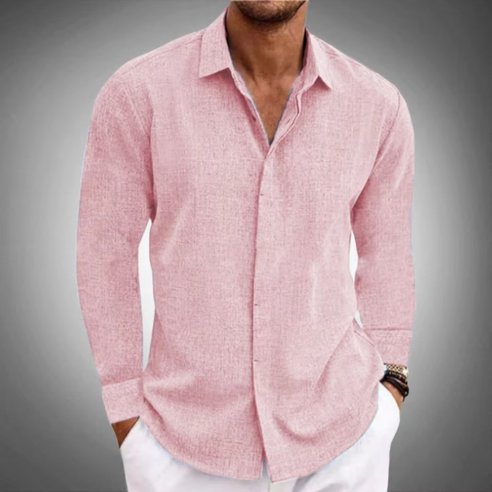 Chemise Homme Lin Uni À Manches Longues Boutonnée Décontractée Pour Le Travail Et Les Fins De Semaine
