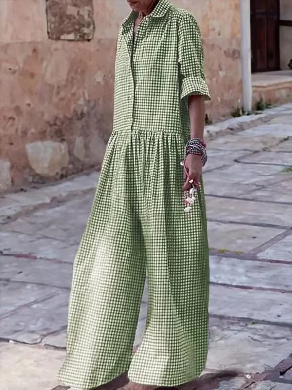 Combinaison Femme À Carreaux À Pantalon Large Avec Revers Élégante Et Confortable
