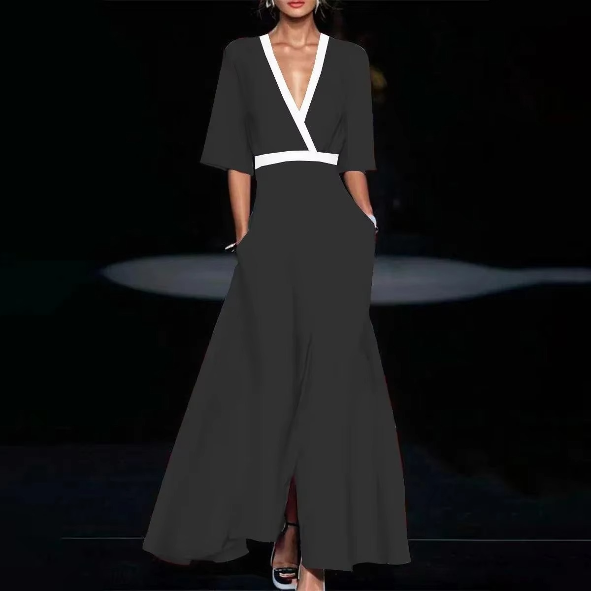 Robe Longue Imprimée À Plis Avec Encolure V Élégante Pour Femme Moderne Idéale Pour Sorties