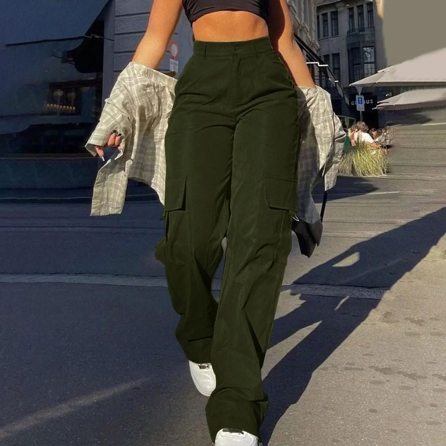Kate Pantalon Cargo Femme Taille Haute À Jambe Évasée Avec Poches Cargo Pratiques