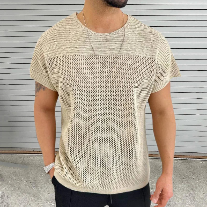 Amawinc Tee Shirt Maille Mesh Vibe Col Rond Pour Homme Respirant Léger Streetwear Été Confortable