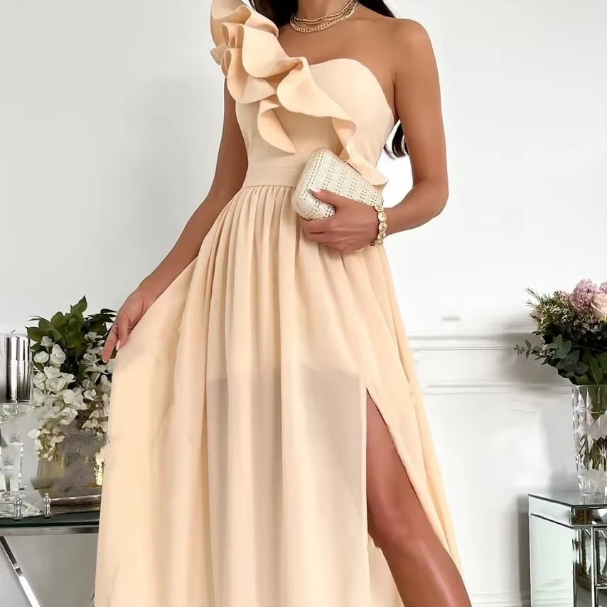 Robe Maxi À Une Épaule Avec Bordure À Volants Et Fente Latérale Élégante Pour Événements Amawinc