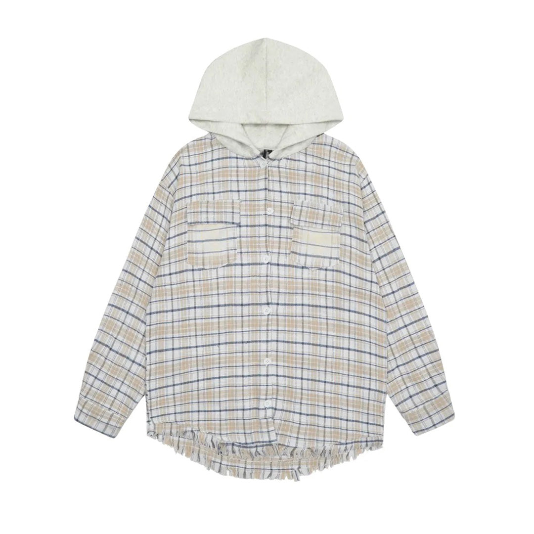 Frayhood Chemise À Capuche En Coton À Carreaux Coupe Ample Avec Poche Poitrine Haute Et Détails Bruts