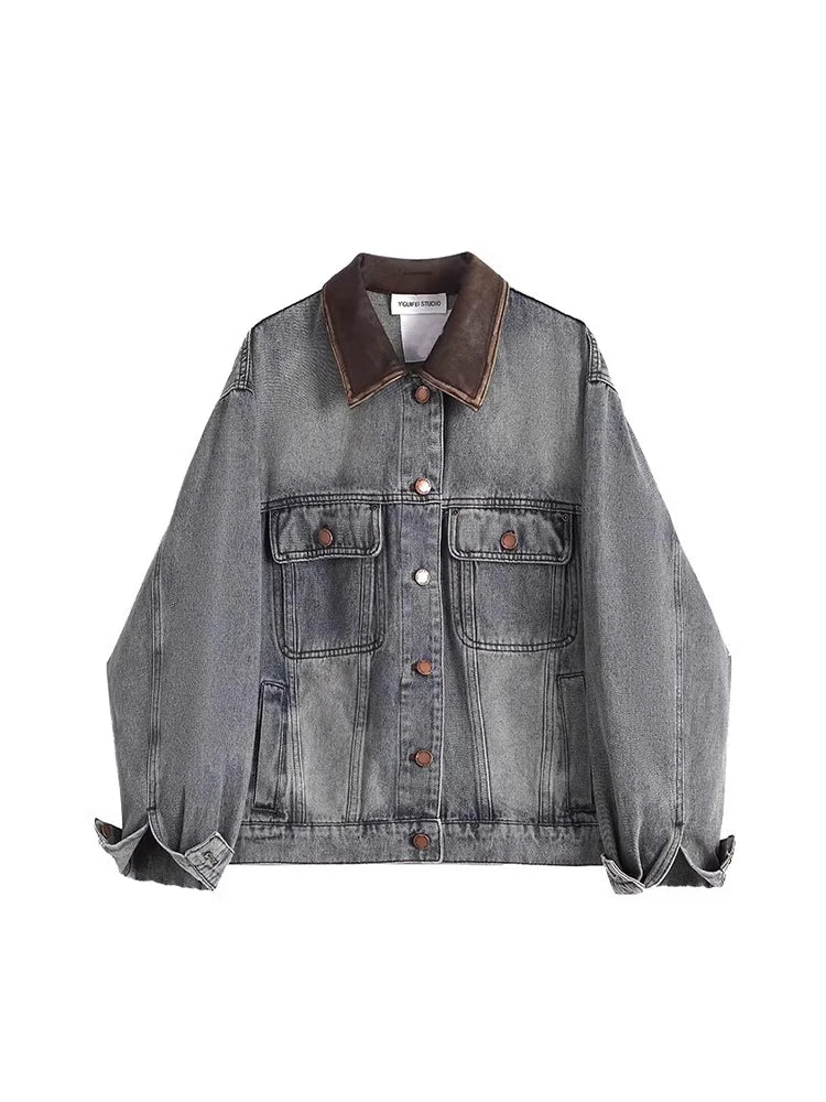 Veste En Jean Oversize Trucker Denim Gris Avec Col Velours Côtelé Café Boutons Métalliques