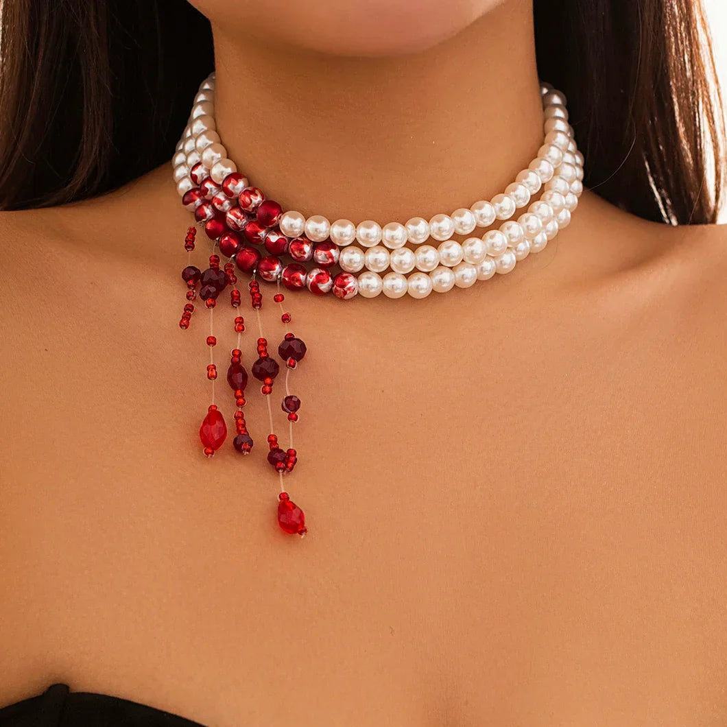 Crimson Cascade Pearl Choker - Amawinc