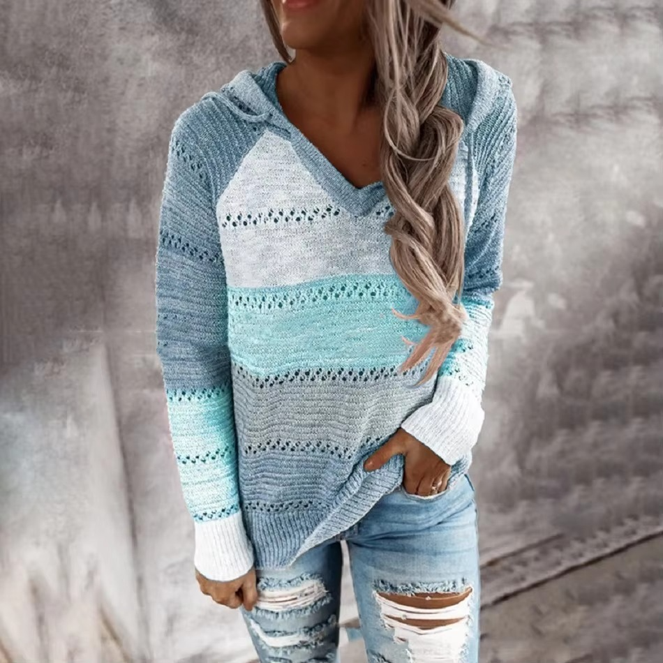 Pull Patchwork Doux À Capuche Pour Femme Manches Longues Tricot Rayé Confortable Et Chic