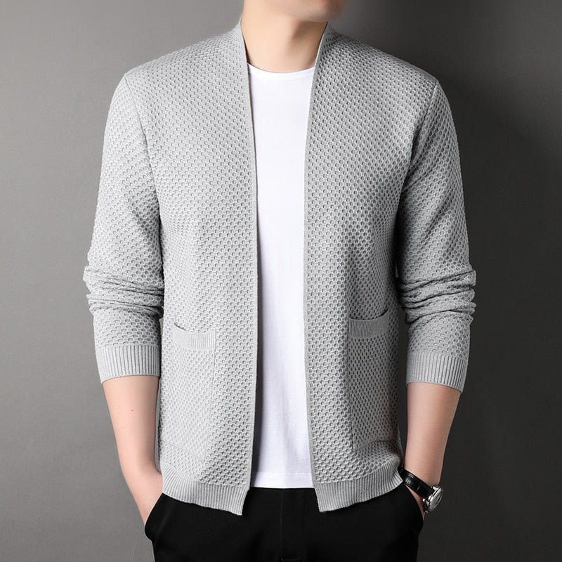 Cardigan Tricoté Homme Slim Fit Avec Poches Par Amawinc Tricot Texturé Léger Beige