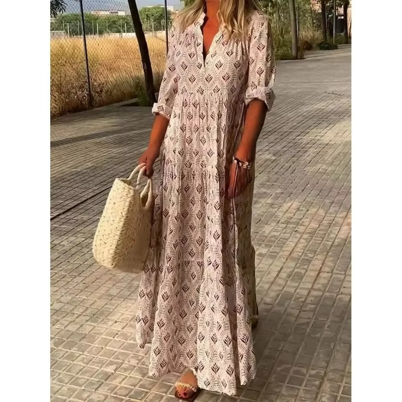 Robe Maxi Été Vintage Grande Taille À Col Montant Et Manches Longues Pour Silhouette Élégante Et Confortable