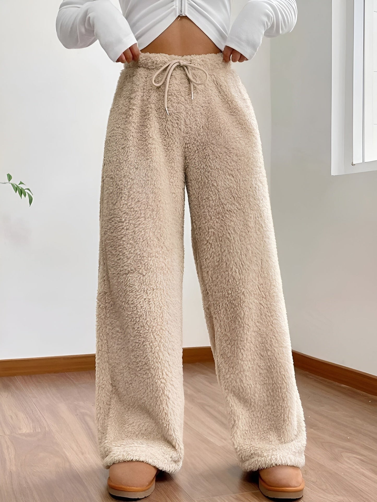 Pantalon Molleton Sherpa À Taille Haute Cintré Et Coupe Large Pour Détente Et Courses Décontractées