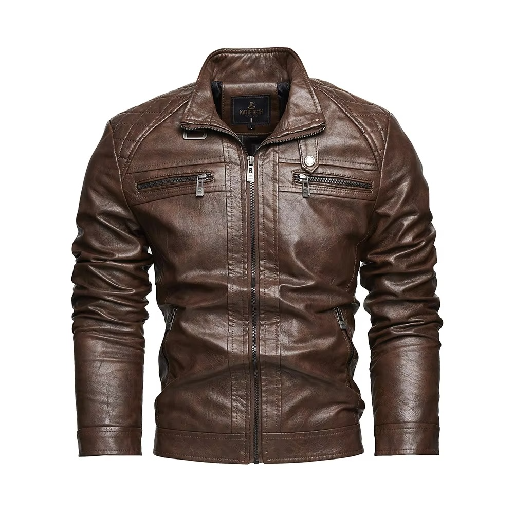 Veste Moto Cuir PU Vintage Pour Hommes Col Debout Biker Style Pour Automne Hiver Chaude Et Durable