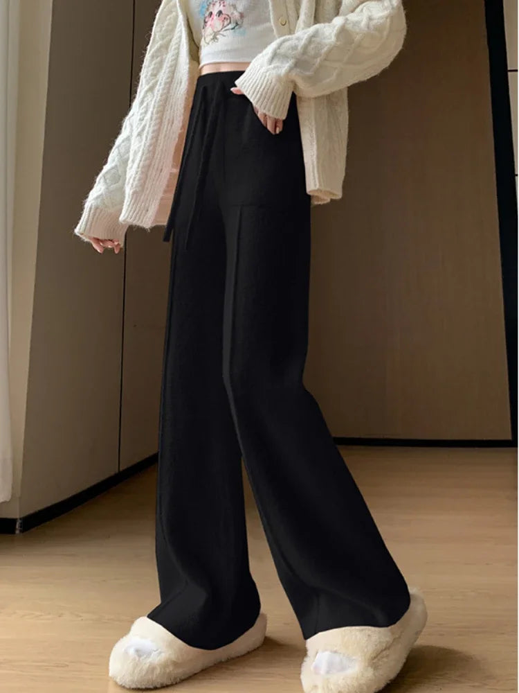 Giselle Pantalon Détente En Fourrure De Vison Large À Cordon Et Poches Chic Tissu Maille Ultra Doux
