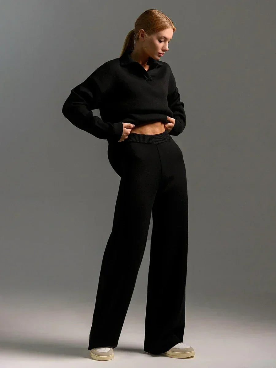 Ensemble Coordonné Tricot Confortable Avec Polo À Manches Longues Et Pantalon Large Tricoté