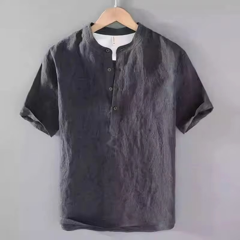 Chemise Homme En Coton Lin Manches Courtes Couleur Unie Décontractée Été Plage Respirante et Légère