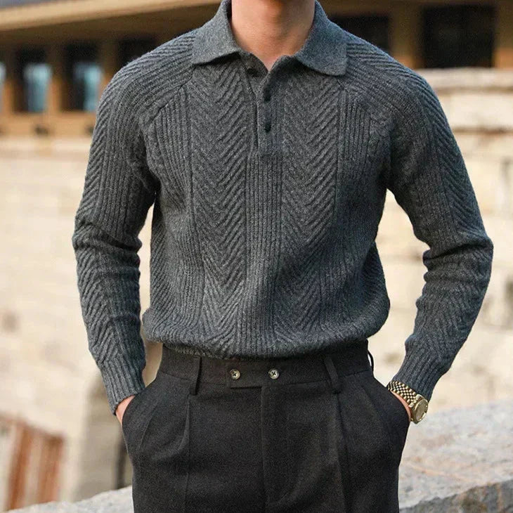 Pull Homme Maille Côtelée Avec Col Polo Slim Fit Manche Longue Pour Superposer Décontracté