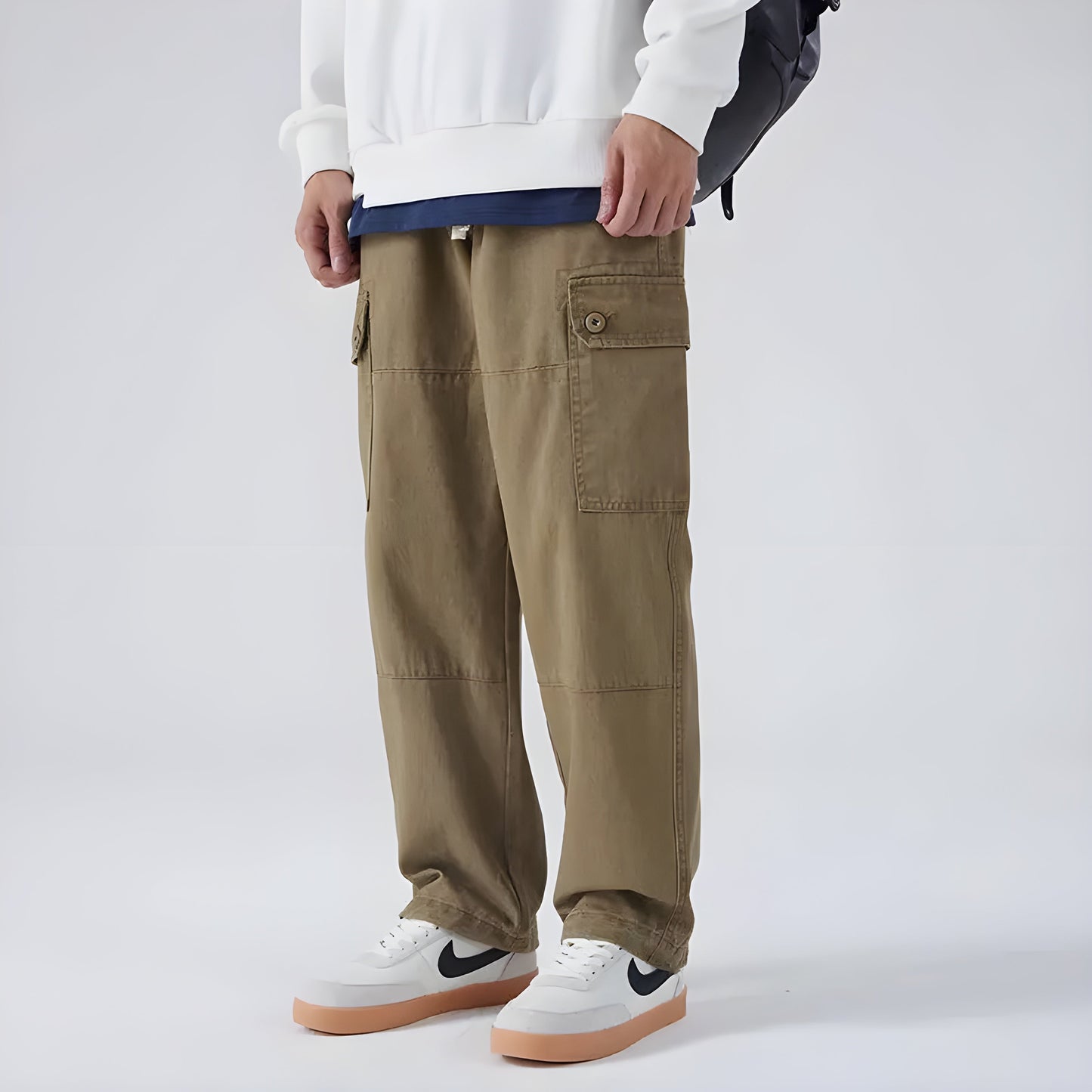 Darson Pantalon Cargo Coton Respirant Couleur Lavée Coupe Droite Ample Poches Cargo Cordon Serrage Genou Patch