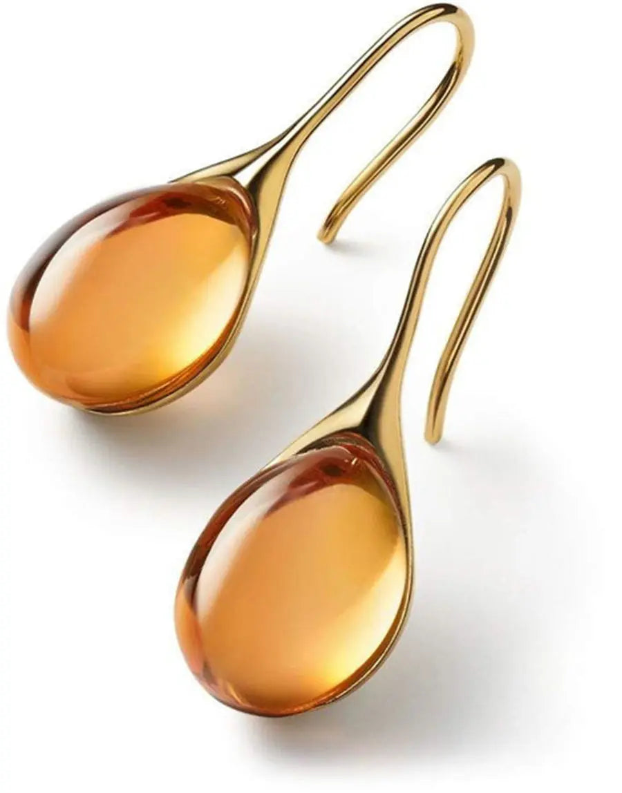 Denise Boucles D'Oreilles Goutte Plaqué Or Ambre Résine Centre Léger Et Intemporel