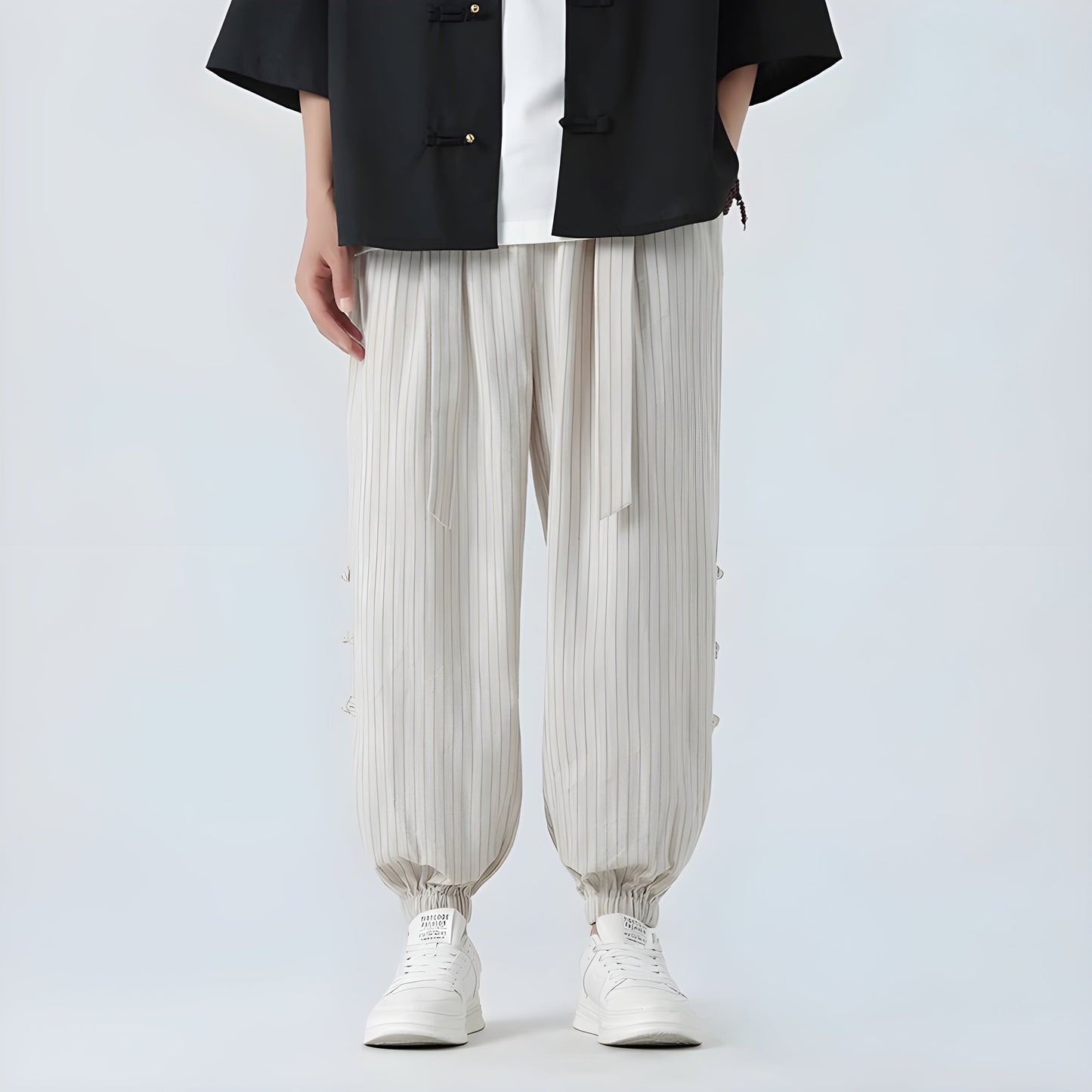 Pantalon Harem en Coton et Lin Oriental avec Boutons Nœud et Pli Rayures Classiques et Fermeture Coordonnée