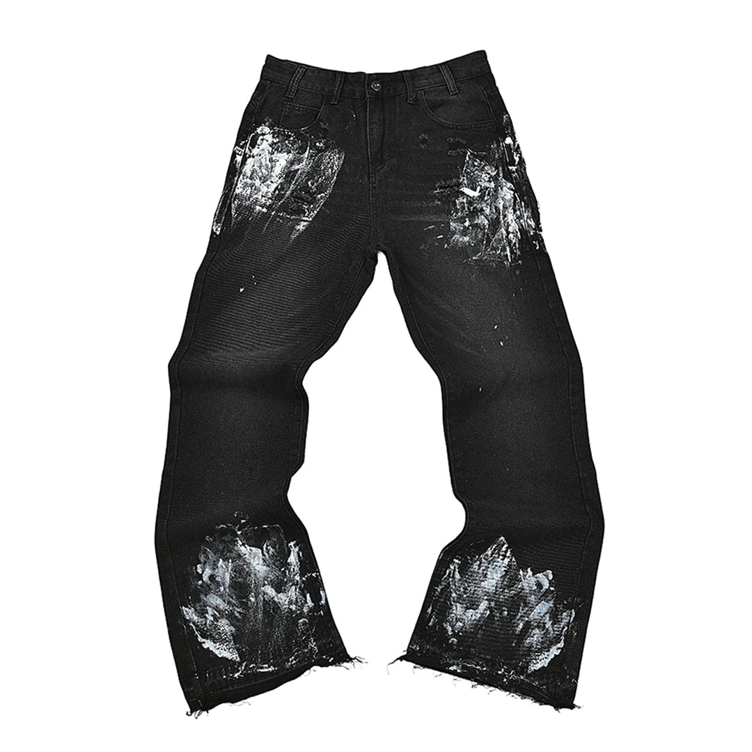 Jean Denim Studio Fade Avec Traînées Peintes Sur Cuisses Et Ourlets Frangés Coupe Ample Jambe Droite