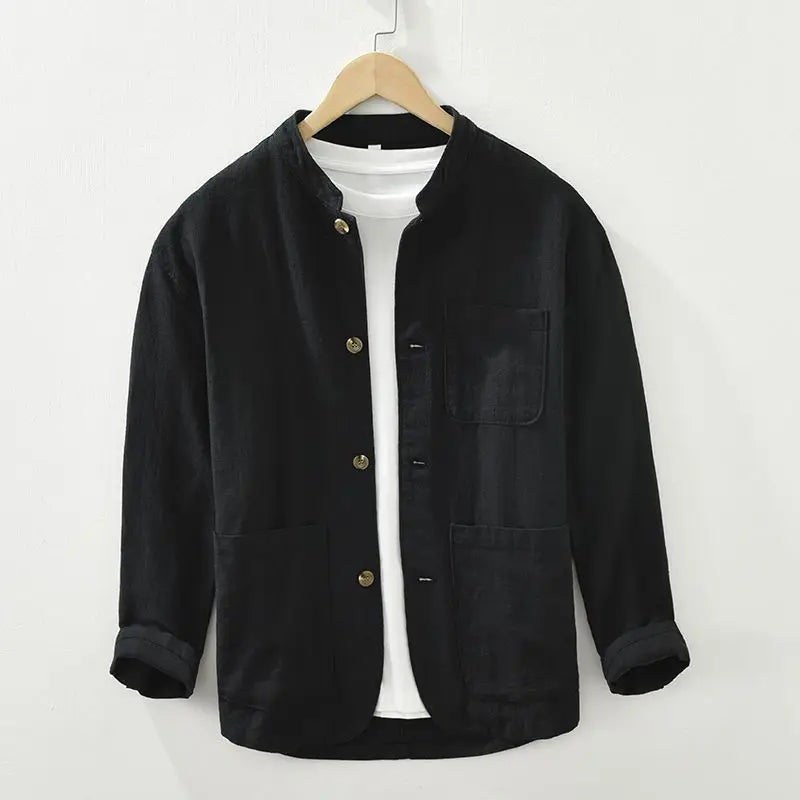Chemise à Manches Longues Kaizen en Mélange Coton Lin Col Mandarin et Poches Plaquées Oversize