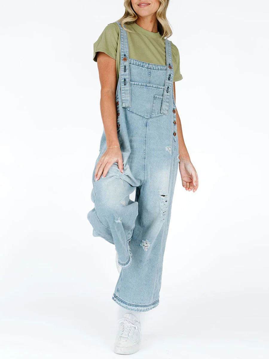 Salopette Denim Délavé Hazel Avec Bretelles Ajustables Et Poches Fonctionnelles À Jambes Larges
