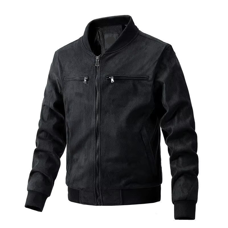 Veste Homme en Daim Automne Hiver avec Col Montant et Fermeture Éclair Frontale Doublure Légère en Coton
