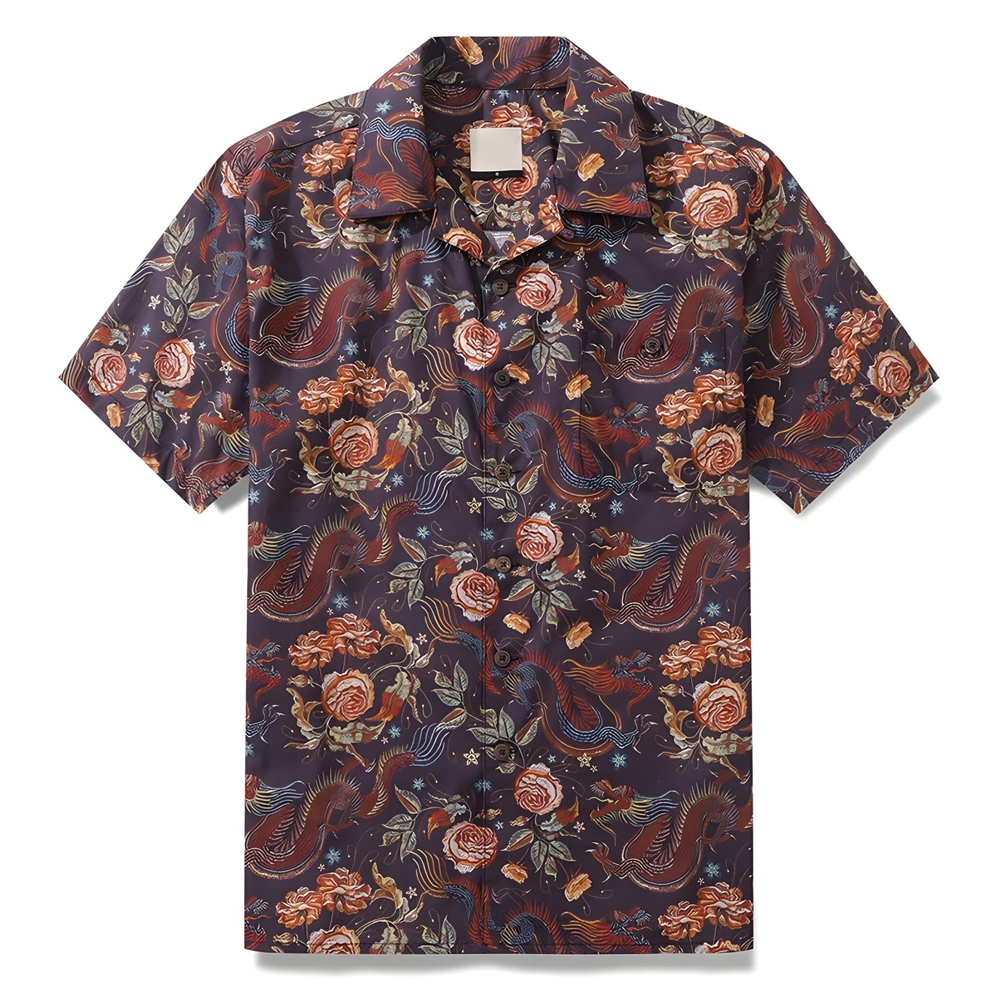 Chemise Imprimée Dragon Oriental En Coton Respirant Avec Col Revers Et Manches Courtes